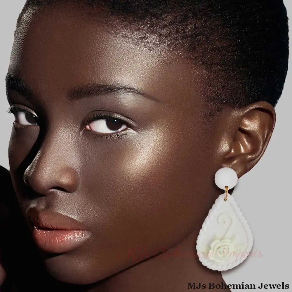 White Ivory Clay Teardrop Flower Bridal Earrings