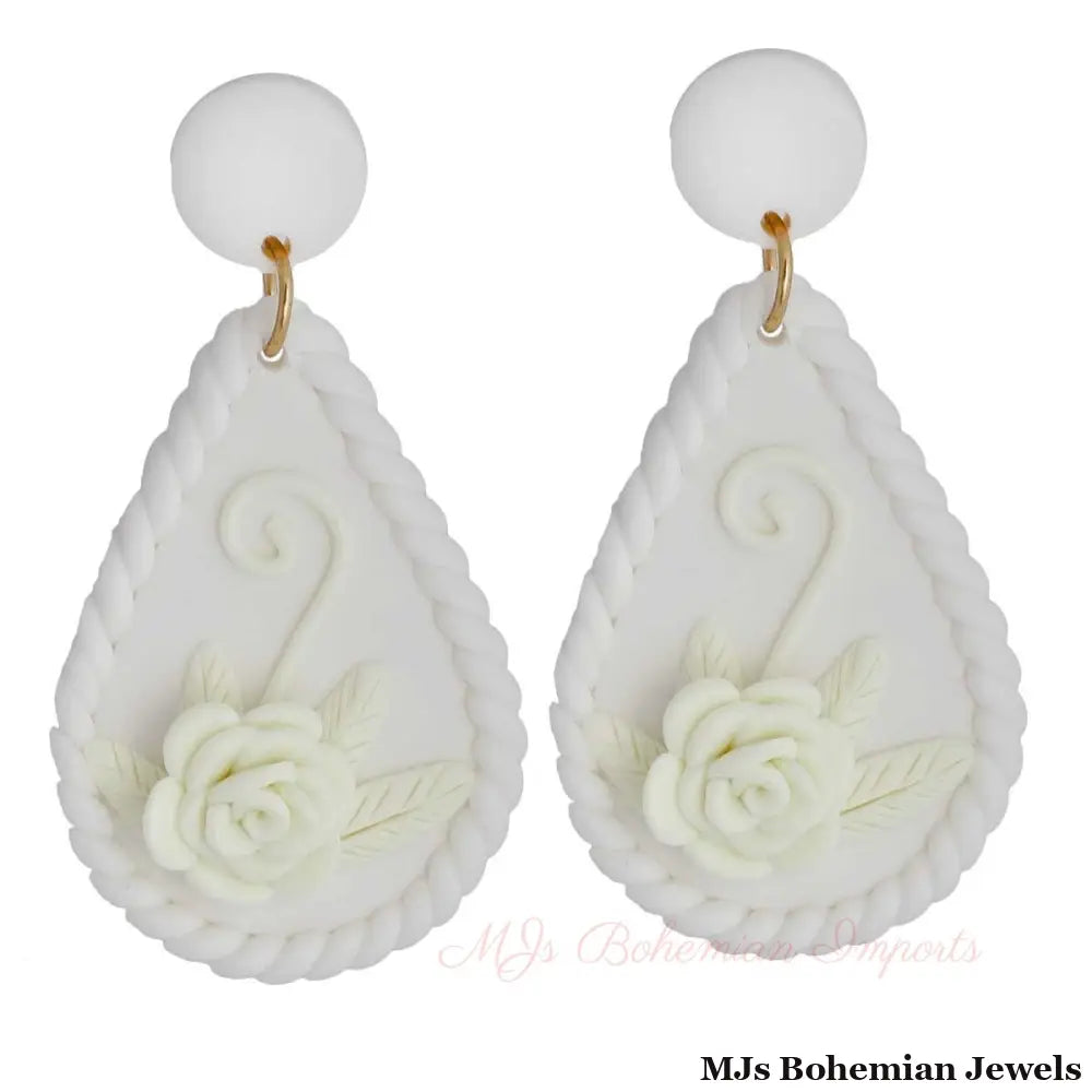 White Ivory Clay Teardrop Flower Bridal Earrings