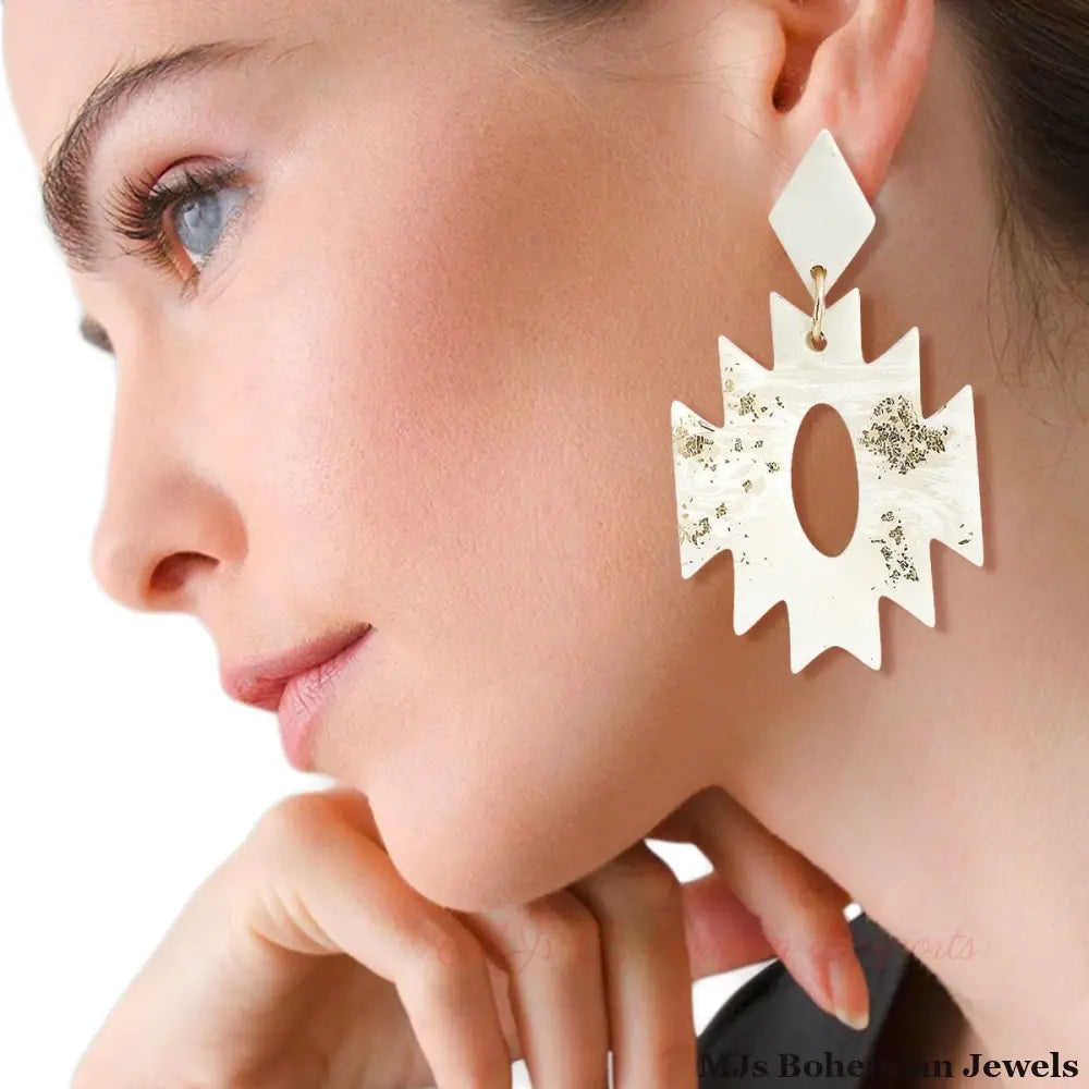 White Marbled Clay Aztec Earrings