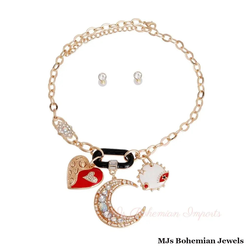 White Moon and Heart Charm Chain