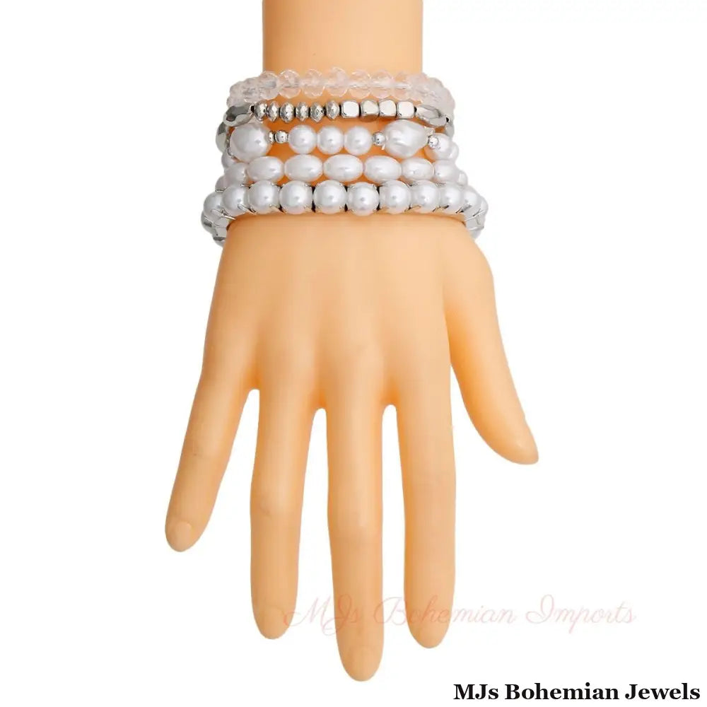 White Pearl and Glass Beads Bracelets