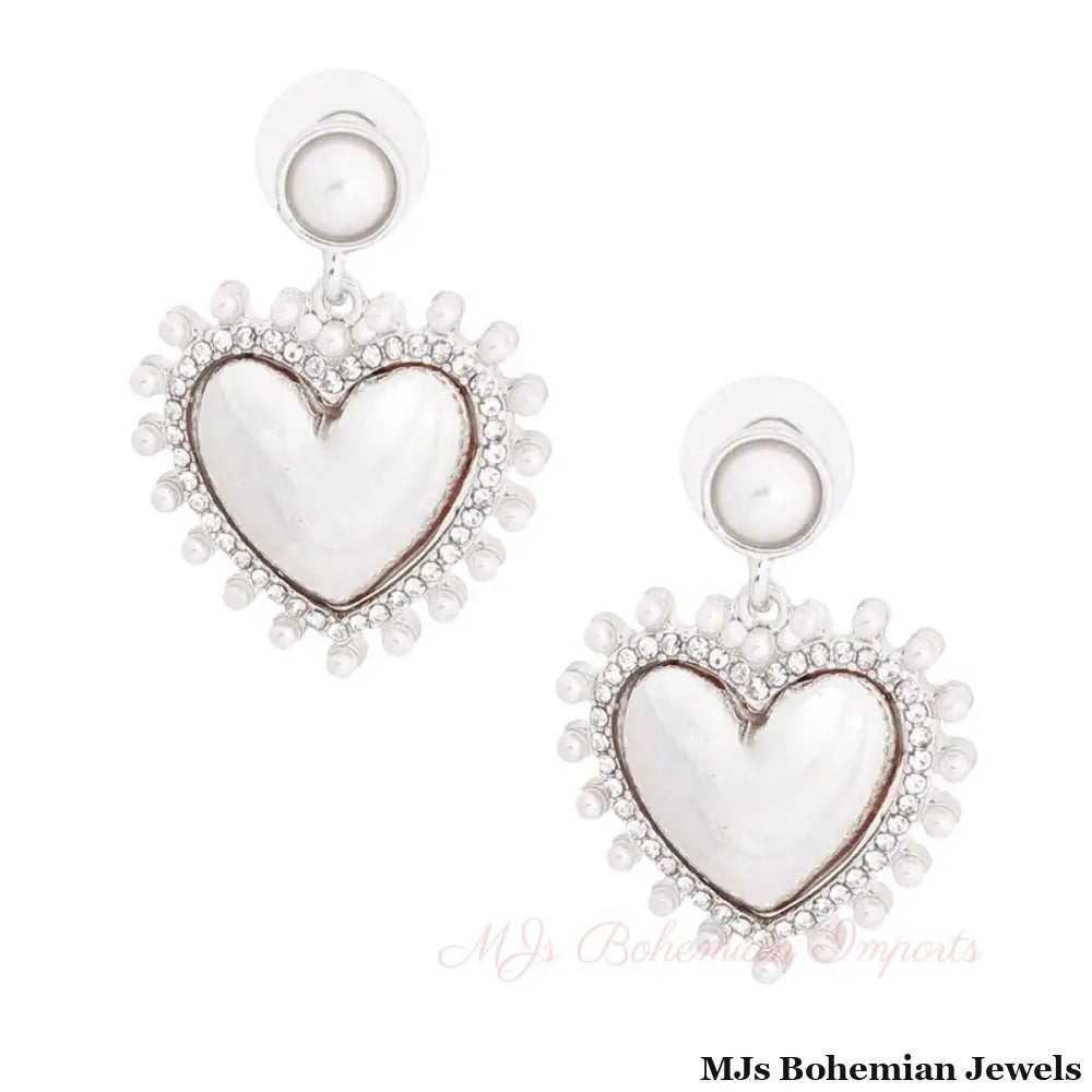 White Pearl and Silver Heart Earrings