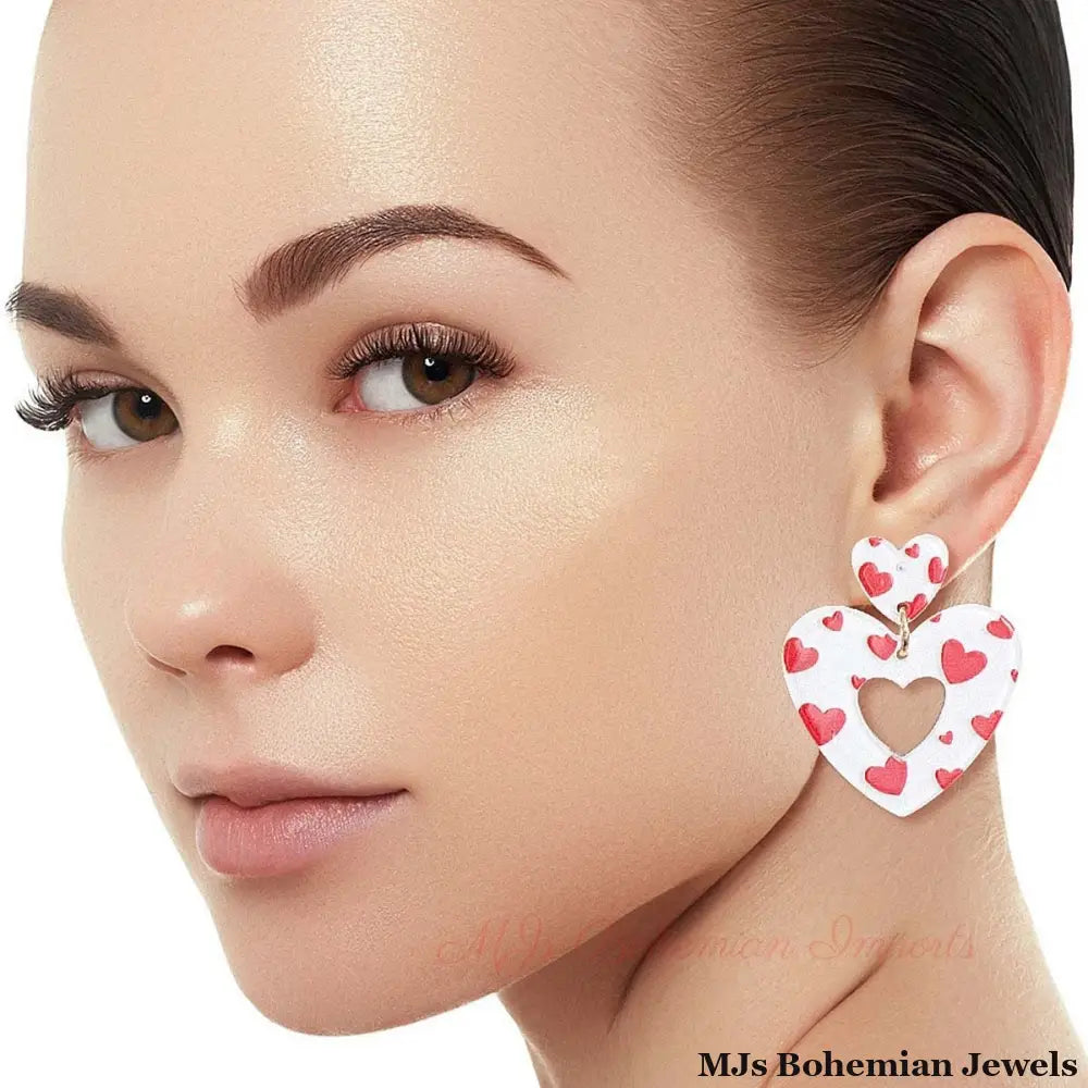White Red Glitter Heart Earrings