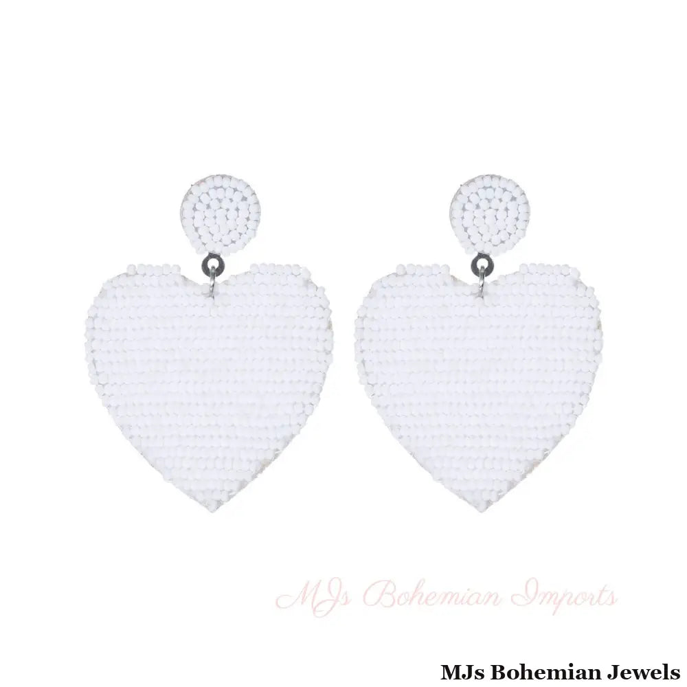 White Seed Bead Heart Earrings