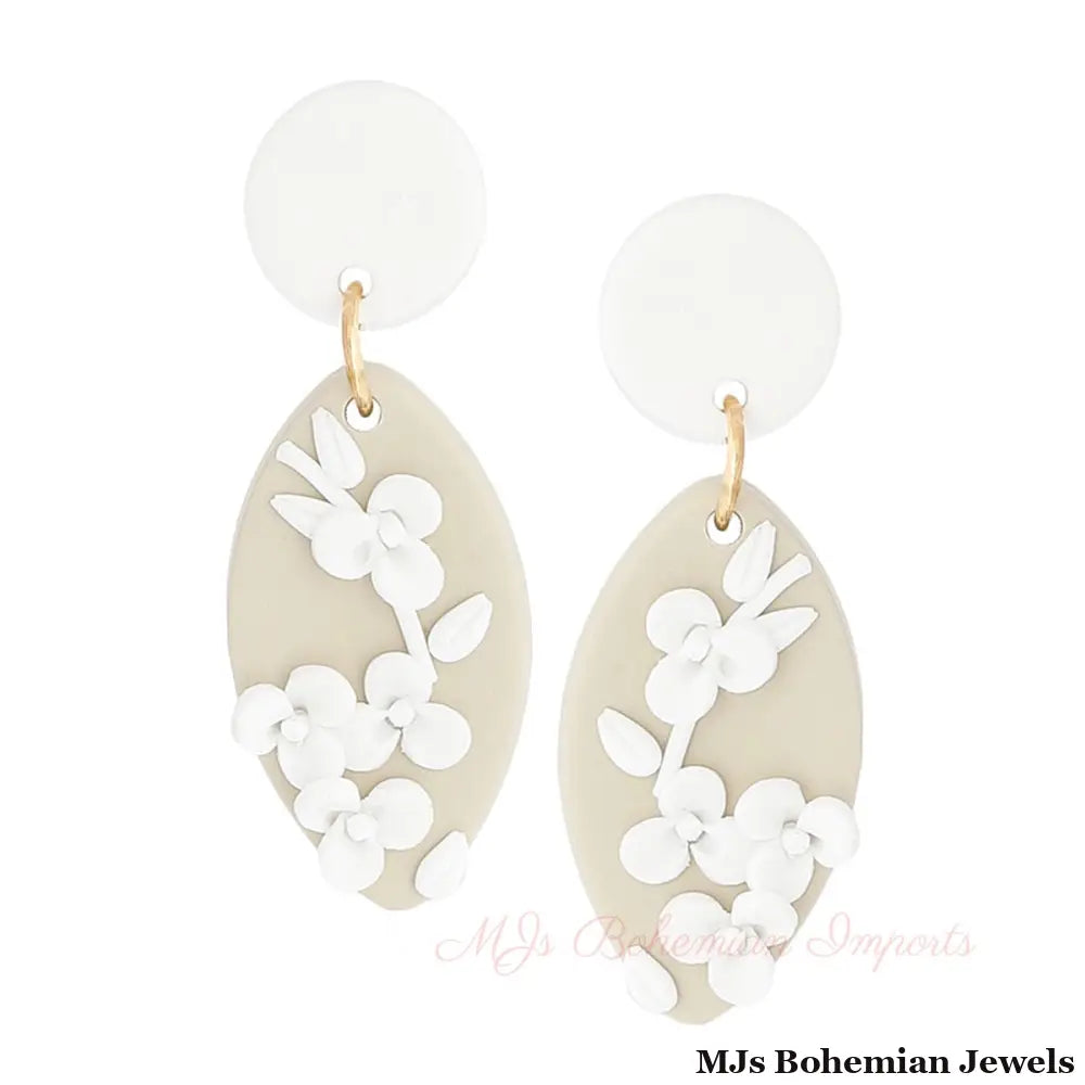 White Tan Clay Marquise Flower Bridal Earrings