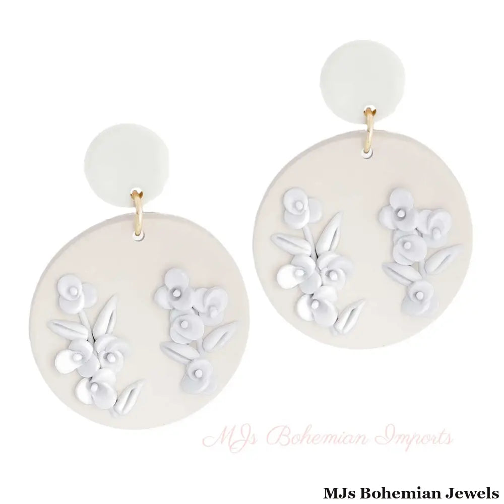 White Tan Clay Round Flower Bridal Earrings
