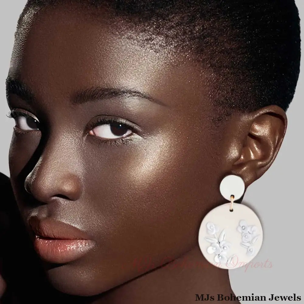 White Tan Clay Round Flower Bridal Earrings