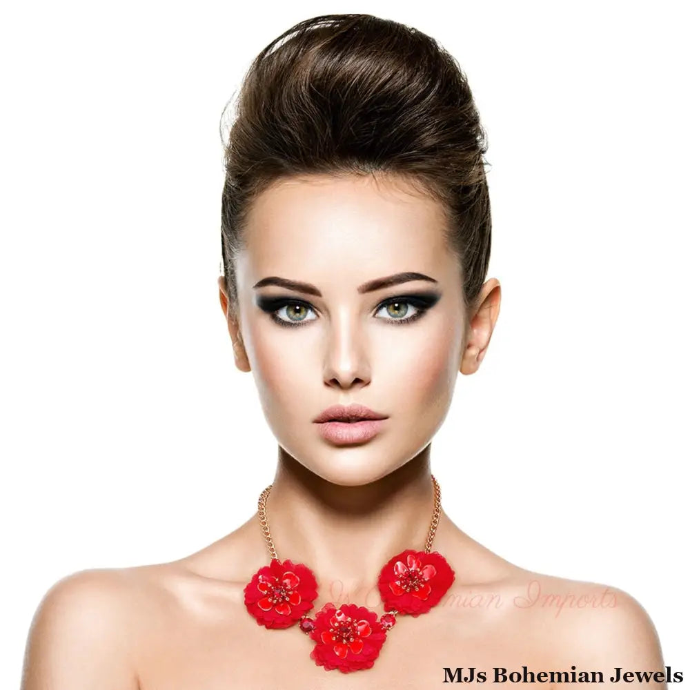 Wine Fabric Flower Necklace Set