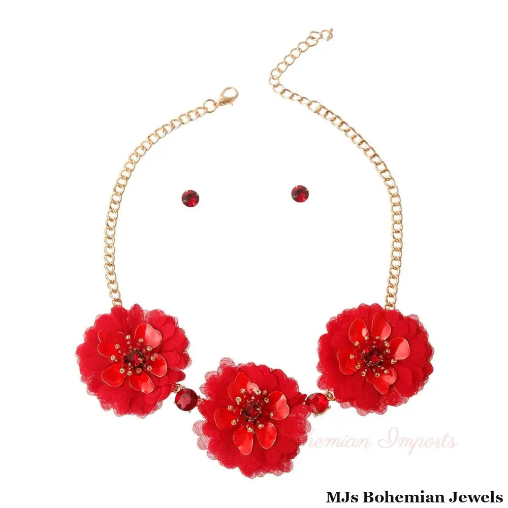 Wine Fabric Flower Necklace Set