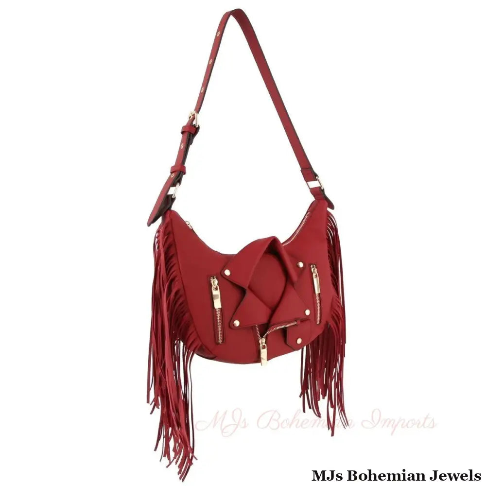Wine Moto Fringe Shoulder Bag