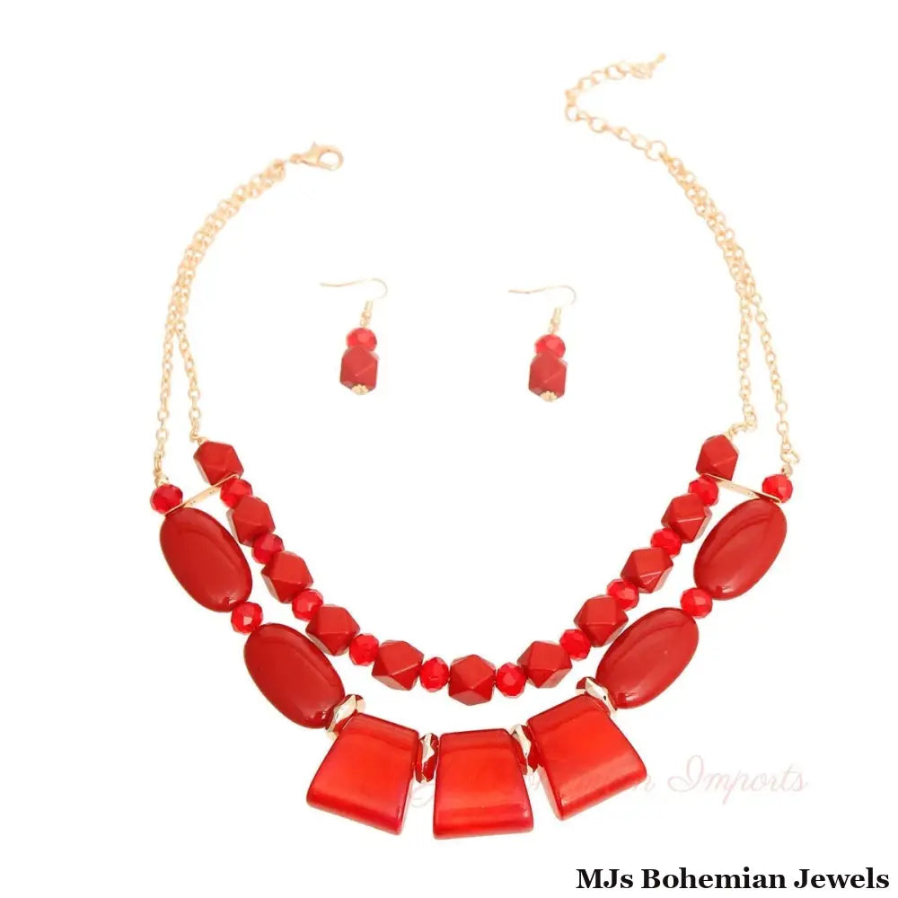 Wine Red Double Layered Necklace Set