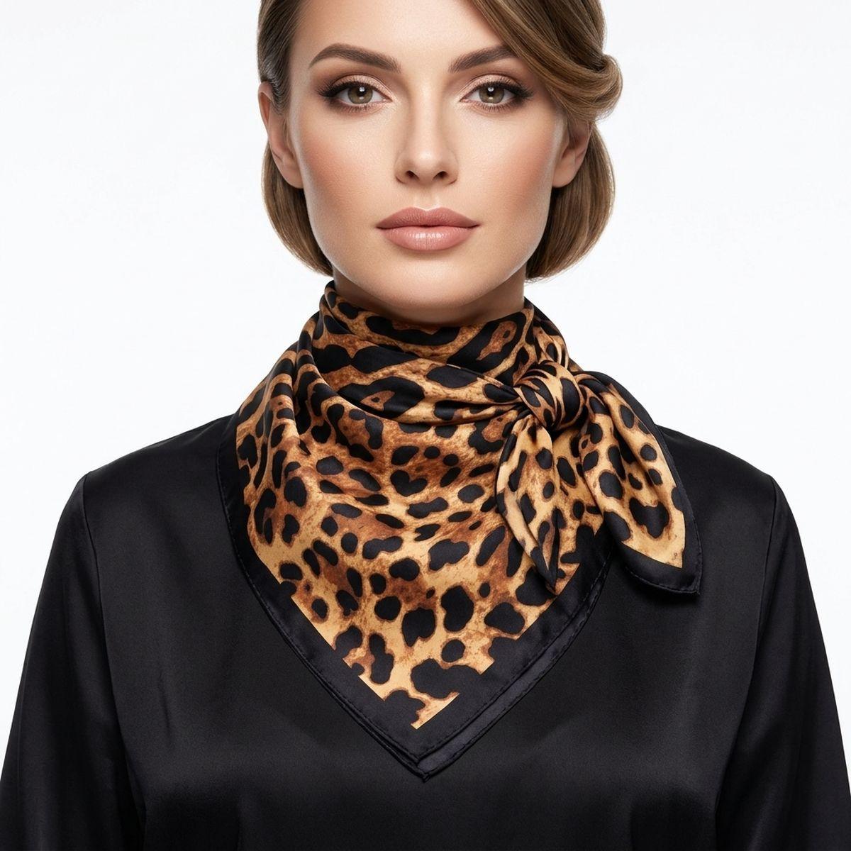 Silky Square Camel Leopard Print Fashion Scarf