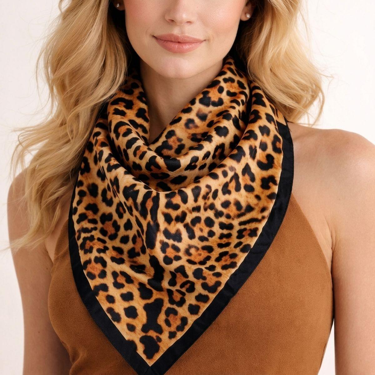 Silky Square Camel Leopard Print Fashion Scarf
