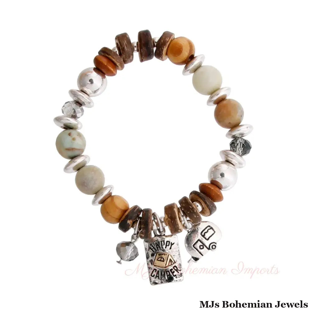 Wooden Mixed Bead Happy Camper Bracelet