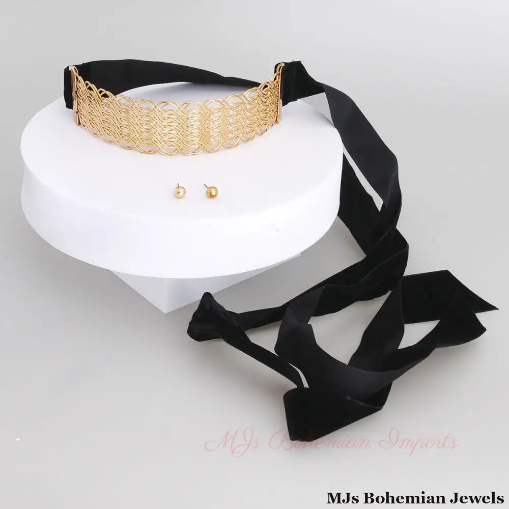 Woven Gold Velvet Choker Set