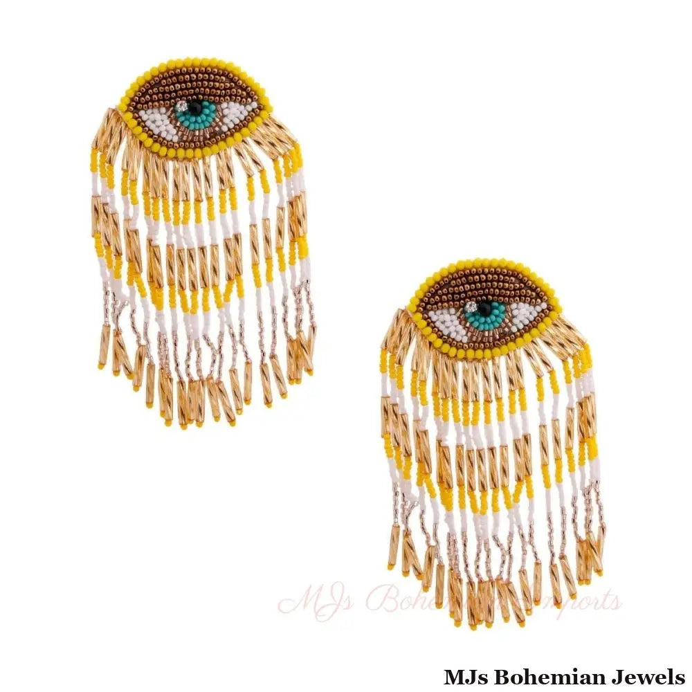 Yellow and Gold Bead Eye Fringe Earrings