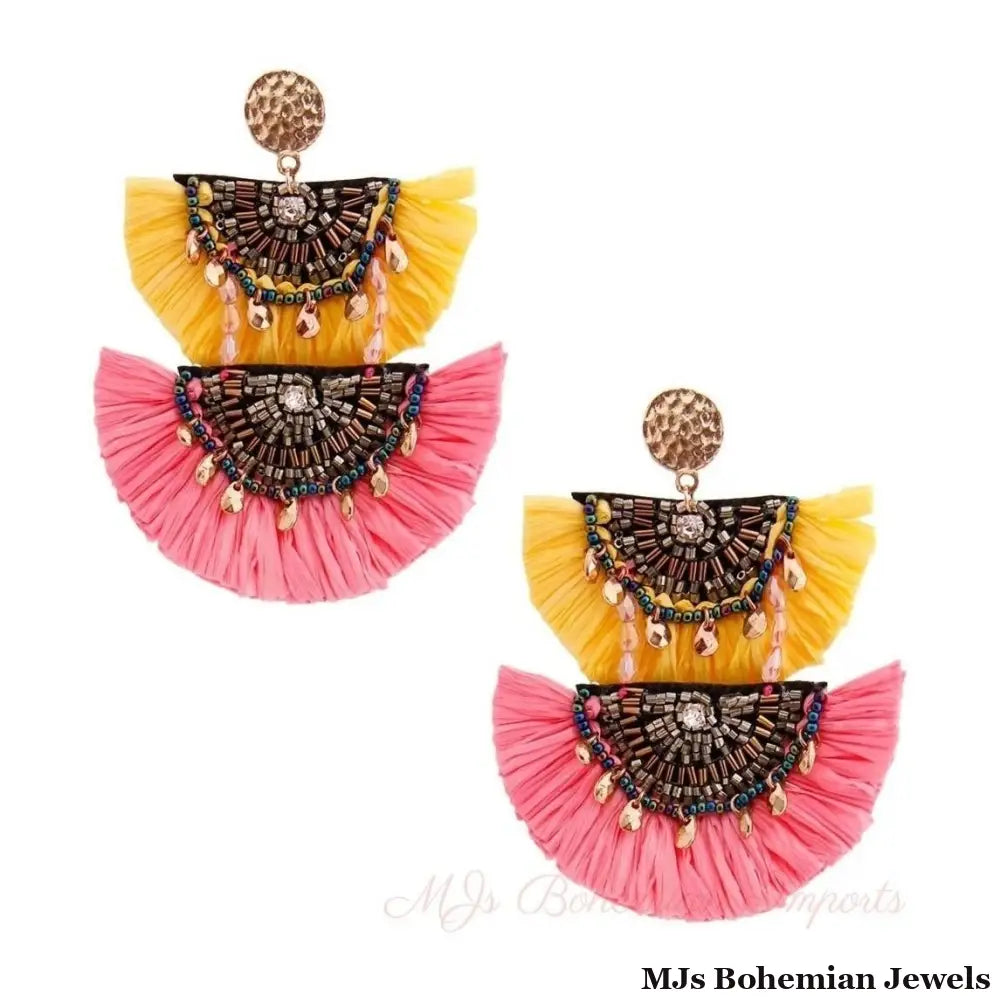 Yellow and Pink Raffia Tassel Earrings