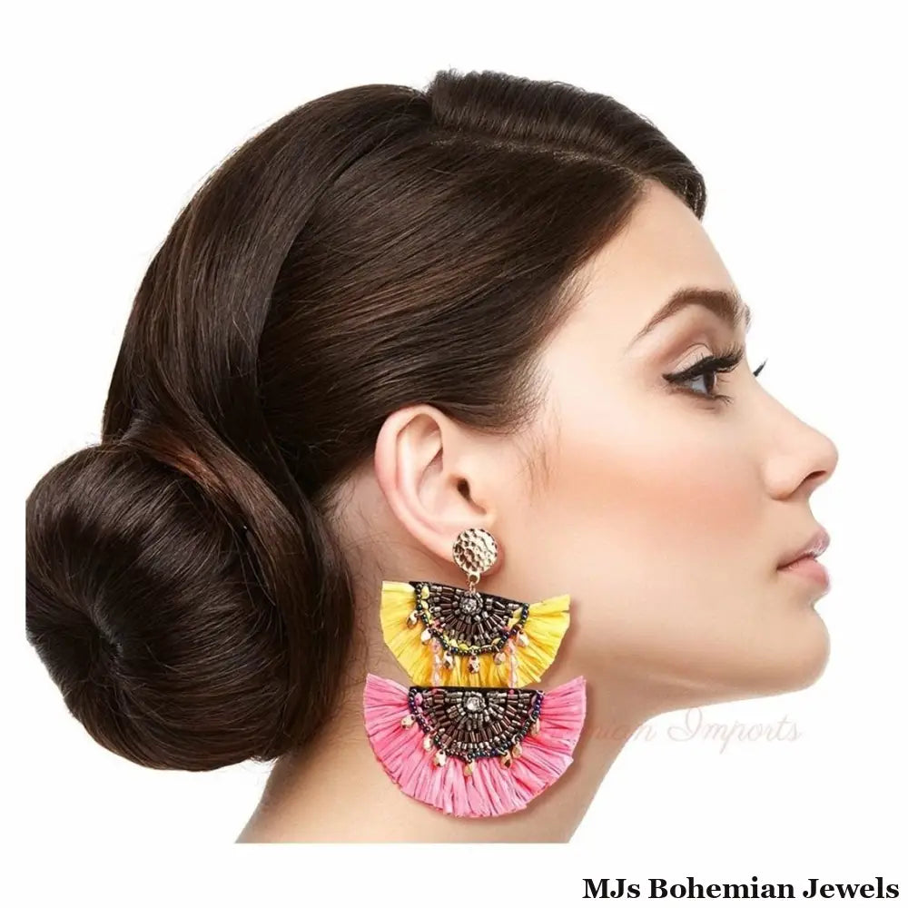 Yellow and Pink Raffia Tassel Earrings