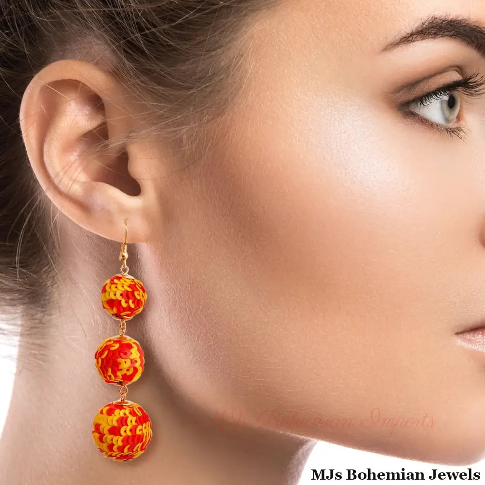 Yellow and Red Sequin Ball Earrings
