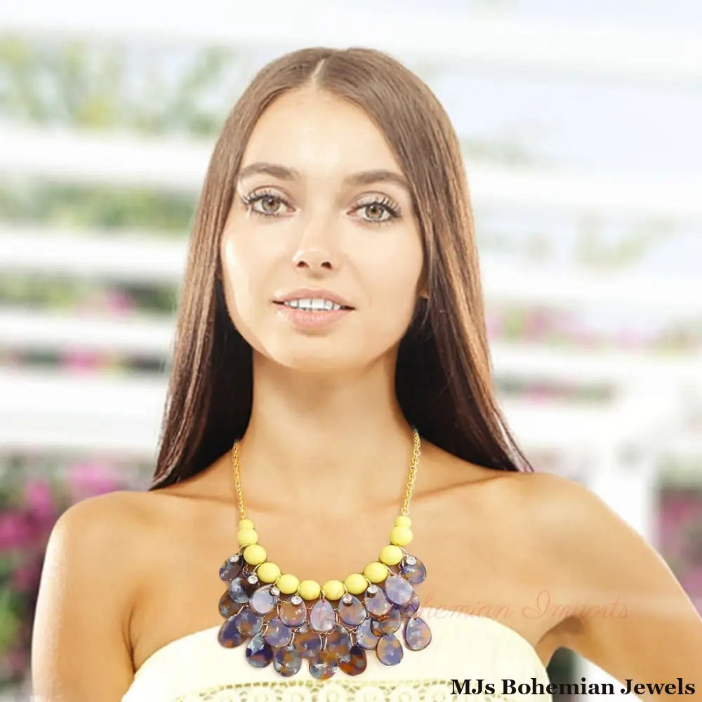 Yellow Bead Teardrop Bib Necklace