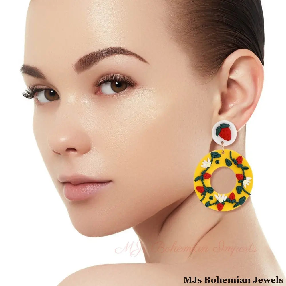 Yellow Clay Strawberry Donut Earrings