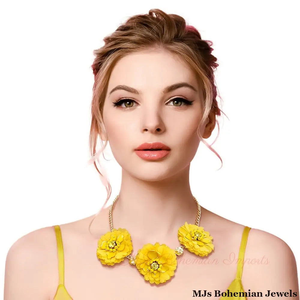 Yellow Fabric Flower Necklace Set