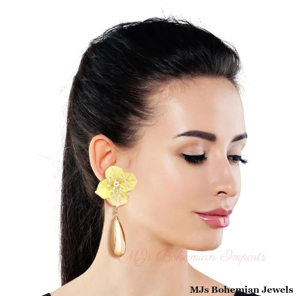 Yellow Flower Gold Teardrop Earrings