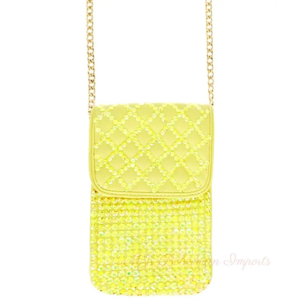 Yellow Quilted Rhinestone Cellphone Bag