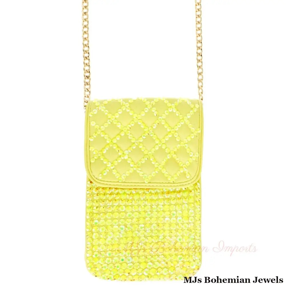 Yellow Quilted Rhinestone Cellphone Bag