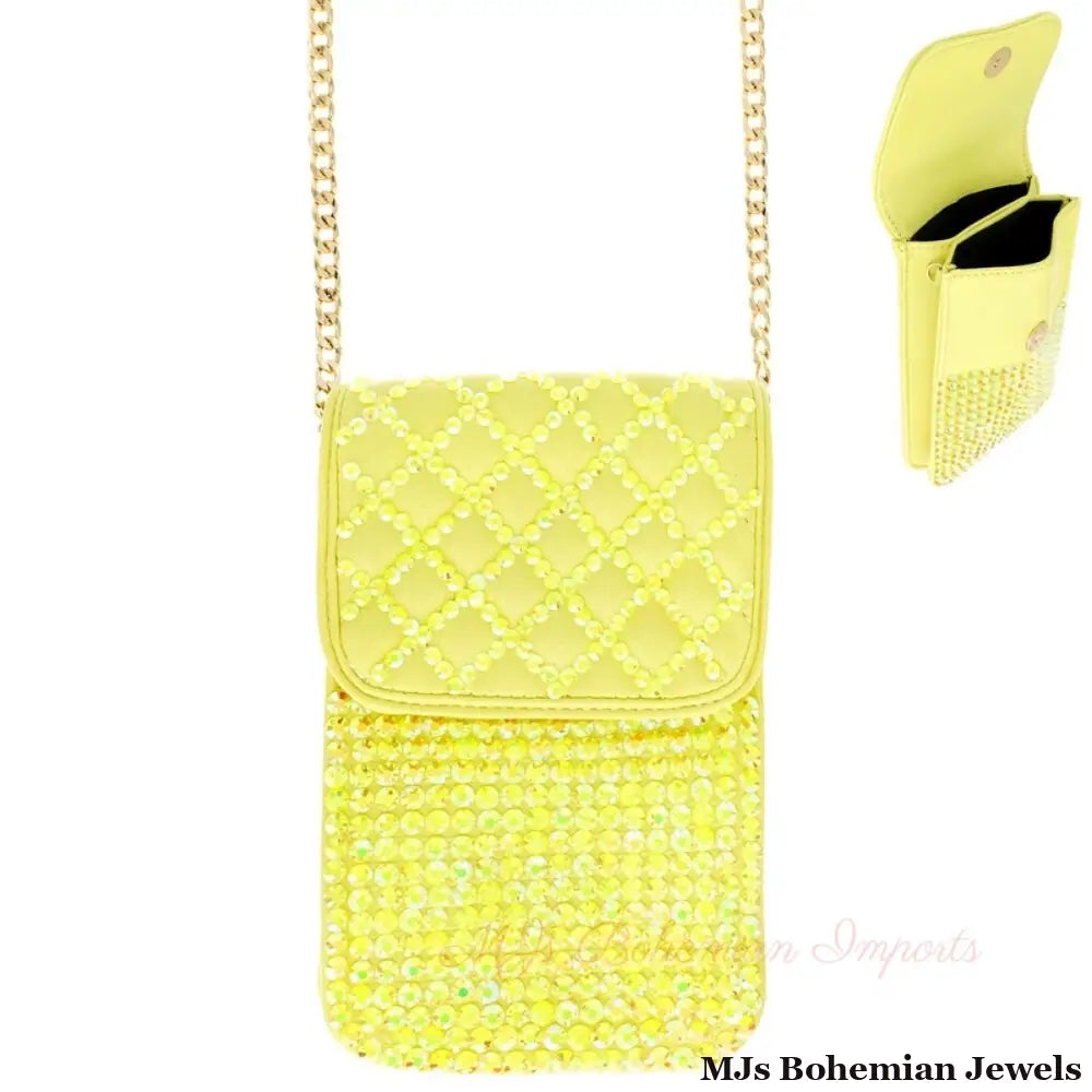 Yellow Quilted Rhinestone Cellphone Bag